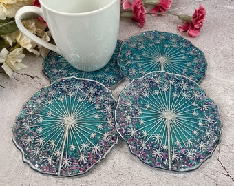 Turquoise & Purple Flower Coaster Set, Holographic Glitter Dandelion Wish Coasters, Large Heat Resistant Resin Coasters