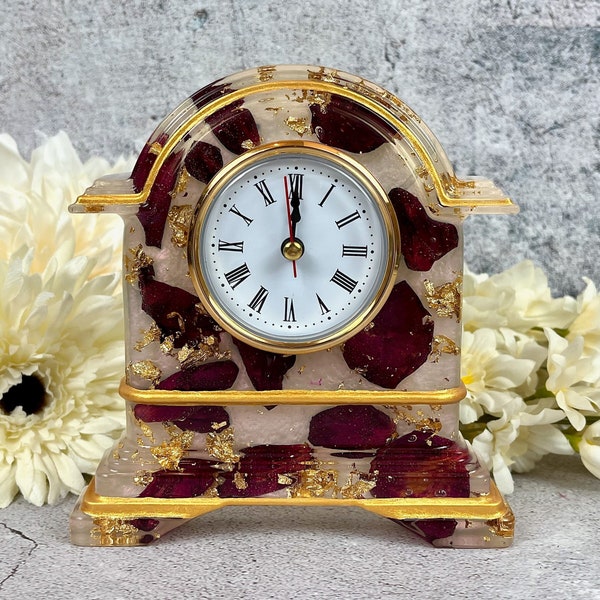 Resin Clock with Rose Petals & Gold Accents, Desk Clock in Pink Red Gold, Romantic and Practical Valentine Gift, Unique Wedding Gift Idea