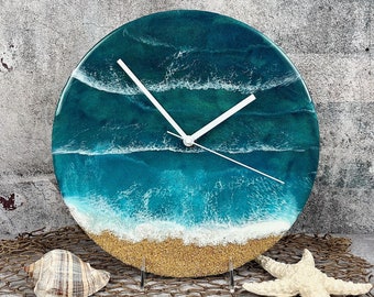 Ocean Beach Vinyl Record Wall Clock, Teal Blue Abstract Waves Resin Art, Summer Beach House Decor, Handmade Tropical Water Art