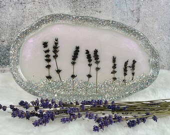 Oval Tray with Lavender Flowers, Pale Purple and Silver Glitter, Small Versatile Vanity Tray, Trinket Dish or Jewelry Plate for Flower Lover