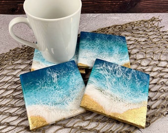 Ocean Beach Coasters with Gold Beach, Turquoise Teal Blue & White Abstract Beach Resin Art, Summer Beach House Drink Coasters with Waves