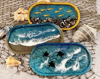 Ocean Lover Trinket Trays, Real Sand Ocean Beach Jewelry Dish, Swimming Gold Fish Oval Vanity Tray, Hand Painted Sea Turtles Catchall Dish