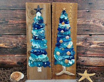 Blue & White Ocean Beach Tree Collage, Upcycled Resin Art with Shells on Cedar Wood Wall Art, Unique West Coast Art with Pearls, Beach Decor