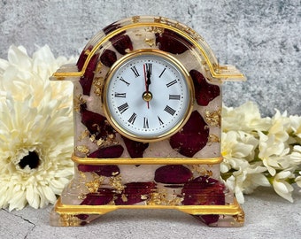 Resin Clock with Rose Petals & Gold Accents, Desk Clock in Pink Red Gold, Romantic and Practical Valentine Gift, Unique Wedding Gift Idea