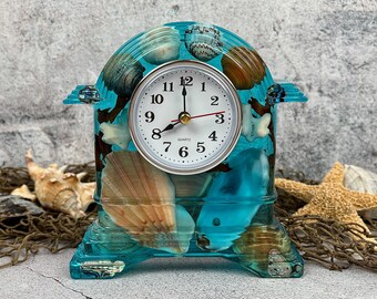 Blue Shelf Clock with Ocean Shells, Unique Tabletop Resin Clock in Turquoise Teal, Modern Beach Shells Desk Watch Gift Idea