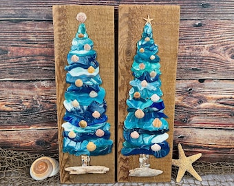 Ocean Beach Tree with Shells on Cedar Wood Wall Art, West Coast Blue & White Christmas Tree Resin Art, Beach Cottage Decor