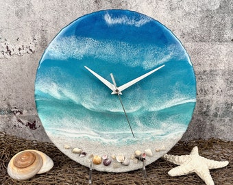 White Sand Beach Wall Clock with Shells, Tropical Ocean Beach Art, Abstract Resin Art on Vinyl Record, Turquoise Blue and White Ocean Waves