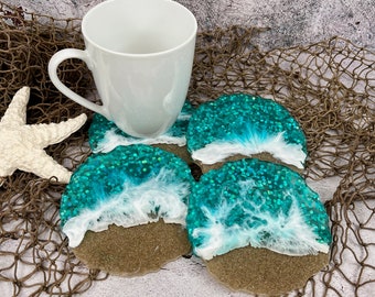 Ocean Coasters with Teal Glitter & Sand, Resin Art Tidal Beach Coaster Set of 4, Sparkly Abstract Tropical Waves Coasters for Entertaining