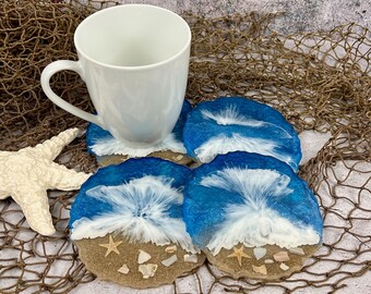 Real Sand & Shells Ocean Beach Drink Coasters, Abstract Ocean Waves Resin Art, Blue and White 3D Water One of a Kind Beach House Decor