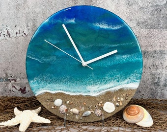 Sand & Shells Beach Wall Clock on Vinyl Record, Ocean Beach Abstract Resin Art, Turquoise Teal Blue and White Ocean Waves,  Cute Sand Dollar