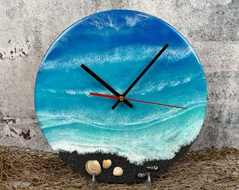 Black Sand Beach Wall Clock with Shells, Tropical Ocean Beach Art, Abstract Resin Art on Vinyl Record, Hand Painted Blue Ocean Waves