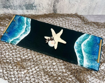 Long Slate Charcuterie Board with Ocean Beach Waves, Cheese Board with Handles, Blue & White Resin Art Serving Platter for Entertaining
