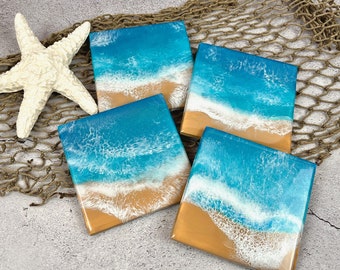 Ocean Beach Coaster Set, Blue & White Abstract Beach Resin Coasters, Shore Waves Summer Coasters, Resin Pour Beach Life Drink Coasters