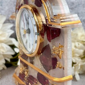 Resin Clock with Rose Petals & Gold Accents, Desk Clock in Pink Red Gold, Romantic and Practical Valentine Gift, Unique Wedding Gift Idea image 2