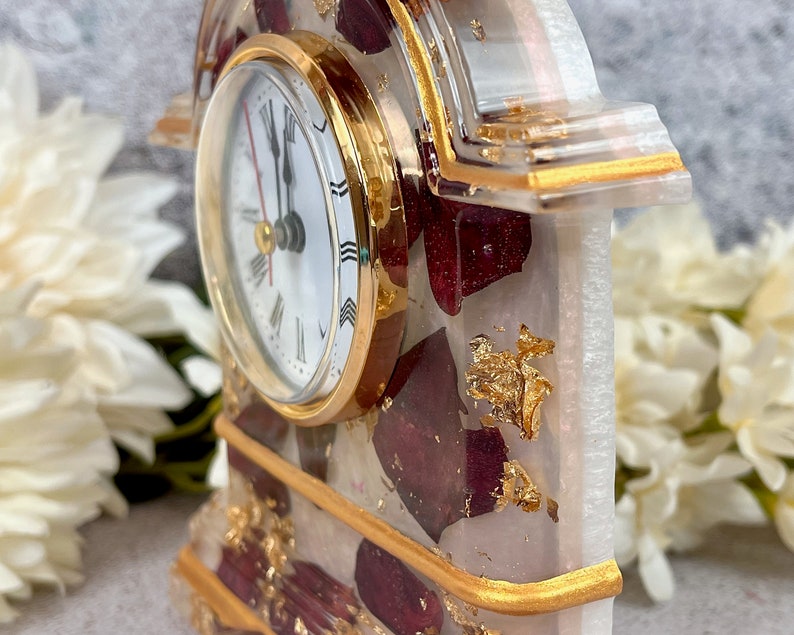 Resin Clock with Rose Petals & Gold Accents, Desk Clock in Pink Red Gold, Romantic and Practical Valentine Gift, Unique Wedding Gift Idea image 2