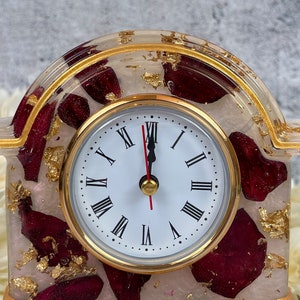 Resin Clock with Rose Petals & Gold Accents, Desk Clock in Pink Red Gold, Romantic and Practical Valentine Gift, Unique Wedding Gift Idea image 3