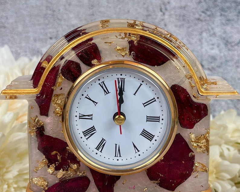 Resin Clock with Rose Petals & Gold Accents, Desk Clock in Pink Red Gold, Romantic and Practical Valentine Gift, Unique Wedding Gift Idea image 3