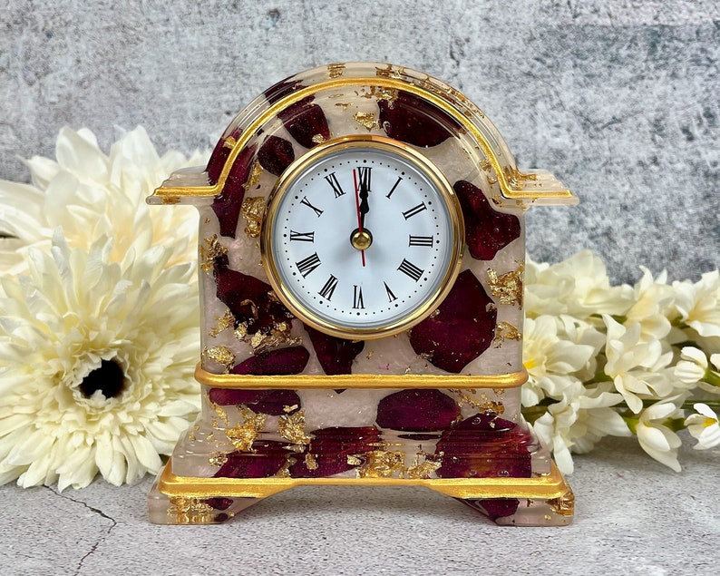 Resin Clock with Rose Petals & Gold Accents, Desk Clock in Pink Red Gold, Romantic and Practical Valentine Gift, Unique Wedding Gift Idea image 1