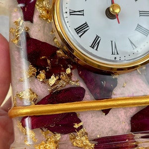 Resin Clock with Rose Petals & Gold Accents, Desk Clock in Pink Red Gold, Romantic and Practical Valentine Gift, Unique Wedding Gift Idea image 8