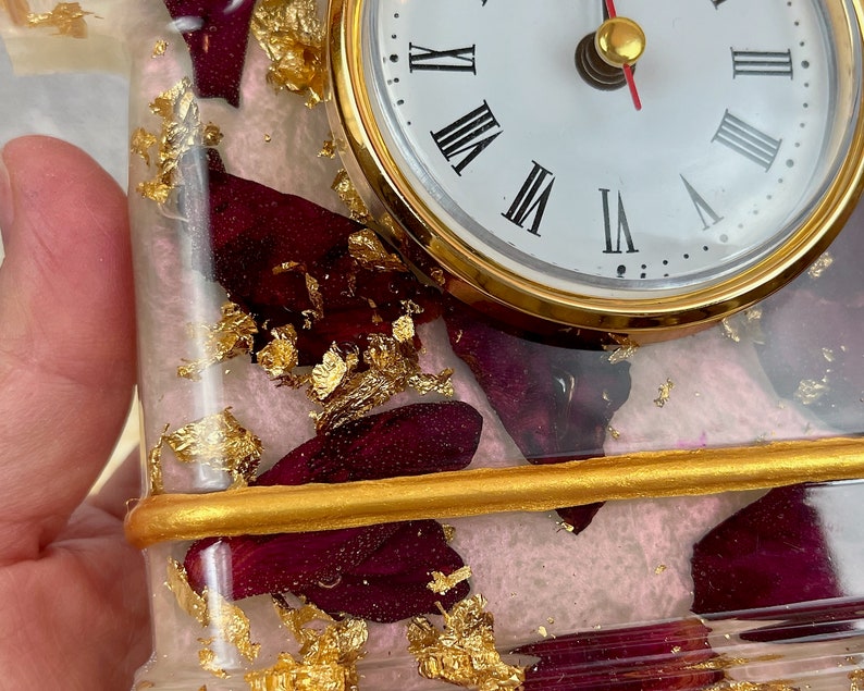 Resin Clock with Rose Petals & Gold Accents, Desk Clock in Pink Red Gold, Romantic and Practical Valentine Gift, Unique Wedding Gift Idea image 8