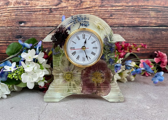 Resin Clock with Dried Flowers, Purple Floral Timepiece for Desk