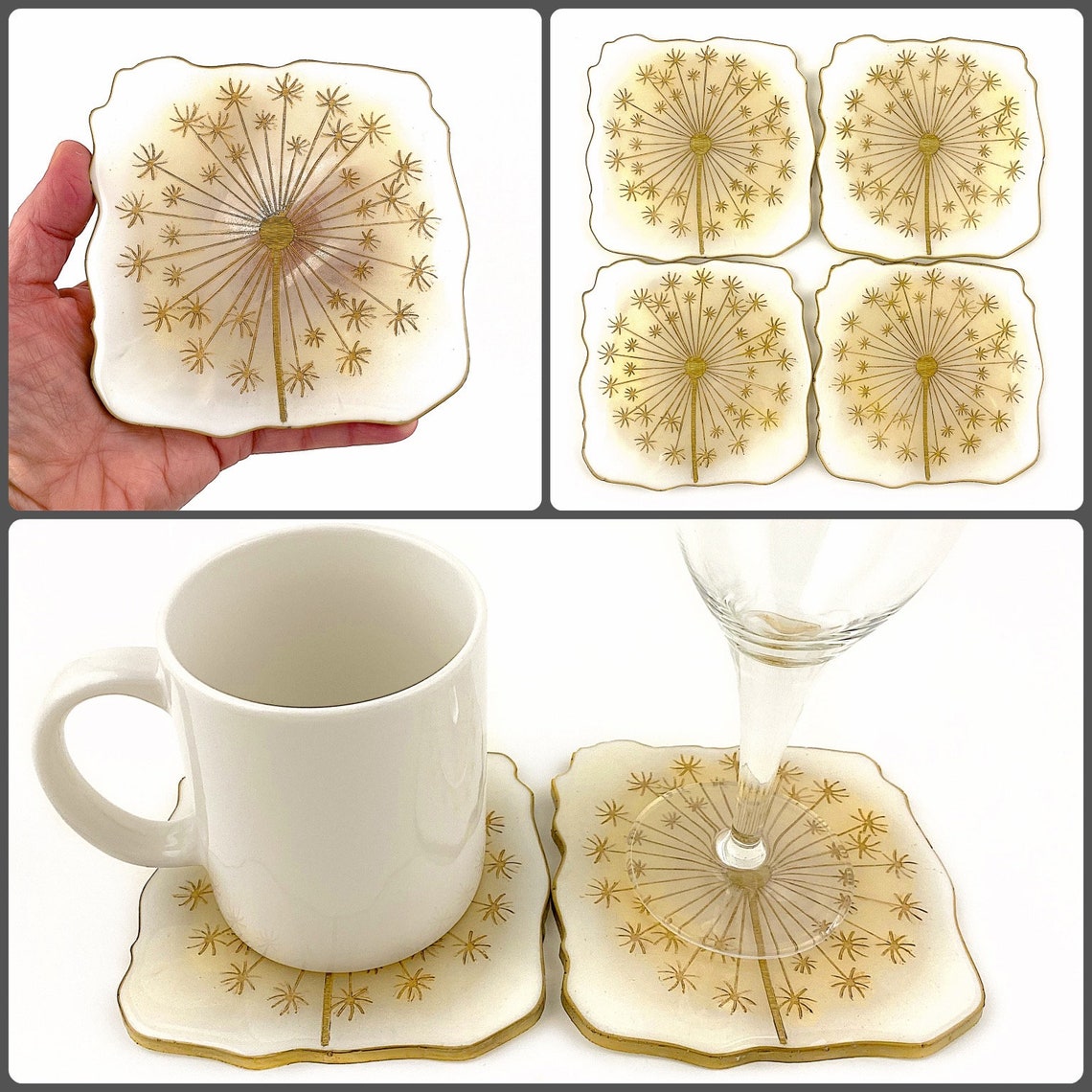 White & Gold Dandelion Resin Coasters Abstract Square Coaster Etsy