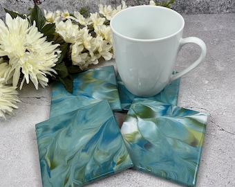 Acrylic Pour & Resin Blue Coasters, Blue Green and White Abstract Drink Table Coaster Set, Unique Functional Art Gifts, Hand Painted Tiles