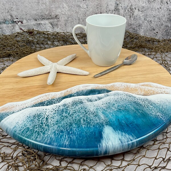 Ocean Lazy Susan, 15" Blue & White Resin Tidal Art Turntable, Beach Home Serving Tray Decor, Entertaining Centrepiece with White Waves