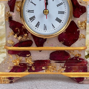 Resin Clock with Rose Petals & Gold Accents, Desk Clock in Pink Red Gold, Romantic and Practical Valentine Gift, Unique Wedding Gift Idea image 6