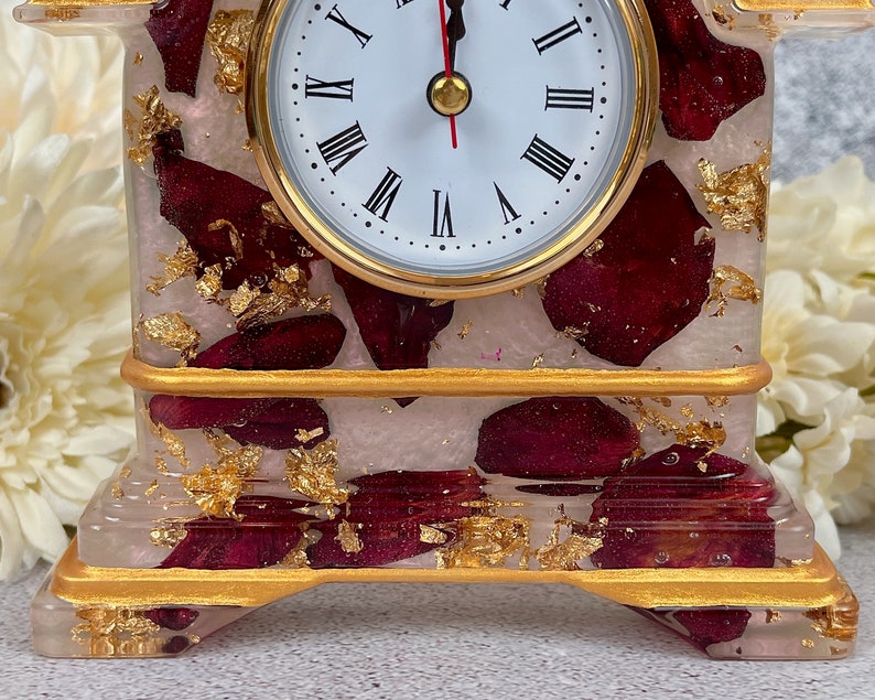 Resin Clock with Rose Petals & Gold Accents, Desk Clock in Pink Red Gold, Romantic and Practical Valentine Gift, Unique Wedding Gift Idea image 6