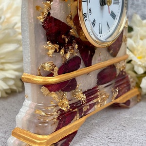 Resin Clock with Rose Petals & Gold Accents, Desk Clock in Pink Red Gold, Romantic and Practical Valentine Gift, Unique Wedding Gift Idea image 5