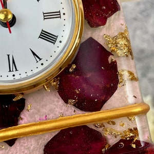 Resin Clock with Rose Petals & Gold Accents, Desk Clock in Pink Red Gold, Romantic and Practical Valentine Gift, Unique Wedding Gift Idea image 7