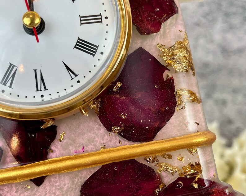 Resin Clock with Rose Petals & Gold Accents, Desk Clock in Pink Red Gold, Romantic and Practical Valentine Gift, Unique Wedding Gift Idea image 7