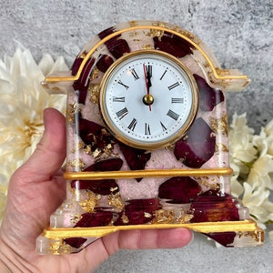 Resin Clock with Rose Petals & Gold Accents, Desk Clock in Pink Red Gold, Romantic and Practical Valentine Gift, Unique Wedding Gift Idea image 9