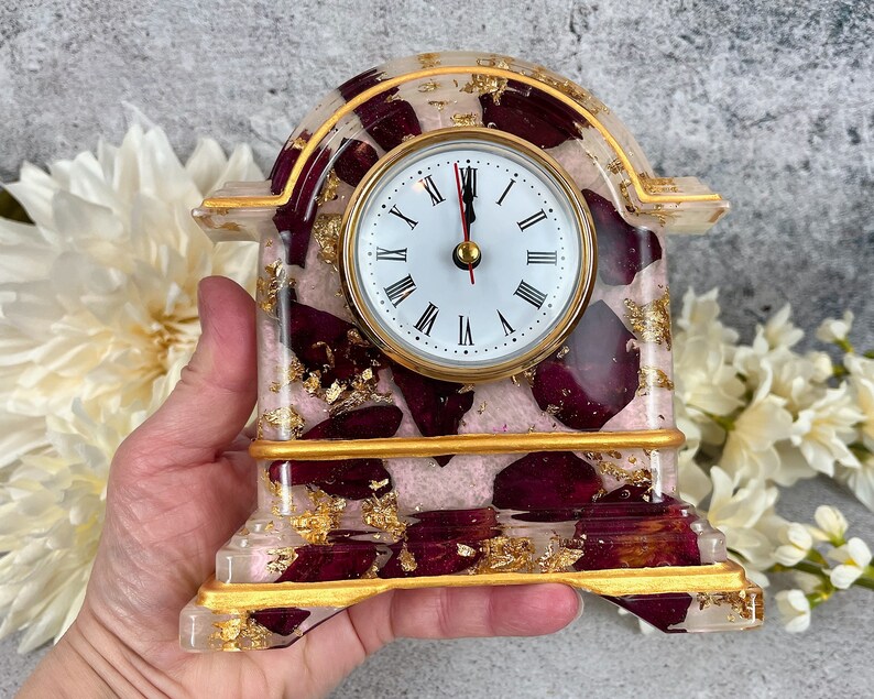 Resin Clock with Rose Petals & Gold Accents, Desk Clock in Pink Red Gold, Romantic and Practical Valentine Gift, Unique Wedding Gift Idea image 9