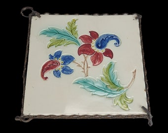 Antique Majolica Art Nouveau Tile Trivet with Metal Wired Stand cca 1900 Floral