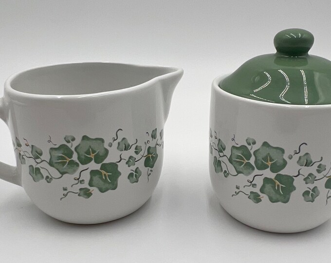 Vintage Corelle Creamer and Sugar Bowl Set With Lid by Jay Import. Callaway Green Ivy Pattern. 3