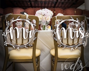 Mr Mrs Chair Signs, 12in. Rustic Sketch, sweetheart table decor, head table decor, mr & mrs sign, head table wedding - Free Shipping!
