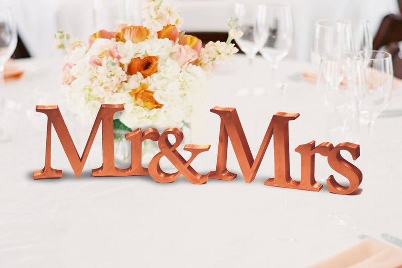 Mr and Mrs Table Sign, 5in. , Rose Gold Vintage Sweetheart table wedding reception centerpiece Wedding Day Studio Cheap Shipping image 1