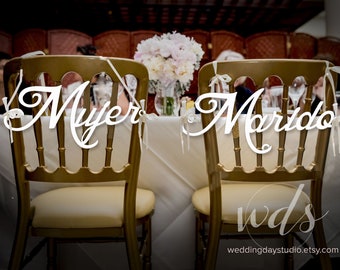 Mujer Marido Chair Signs, 6in. White calligraphy, wedding reception, sweetheart table centerpiece , Mr & Mrs sign, decor - FREE Shipping!