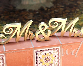 Mr & Mrs Sign, 5in. Classic Script Gold Sweetheart table wedding reception centerpiece decor - head table wedding decor