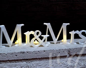 Mr and Mrs Sign, 5in. Lighted Classic vintage sweetheart table wedding reception centerpiece, light up 3 FREE LED TEALIGHTS - Free Shipping!