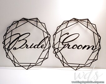 Bride & Groom Chair Signs, 12in. Geometric sign sweetheart table decor Mr and Mrs gold- made in los angles -  free shipping