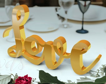 Love Sign Wedding Sweeteheart table decor , 7in Gold , Rustic Script wood reception decor centerpiece - engagement gift - mr & mrs sign