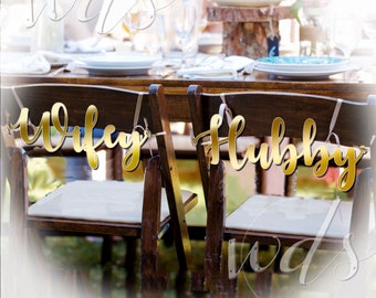 Wifey Hubby Chair Signs, 6in.  script wedding reception centerpiece Mr and Mrs - Wedding Day Studio - FREE Shipping!