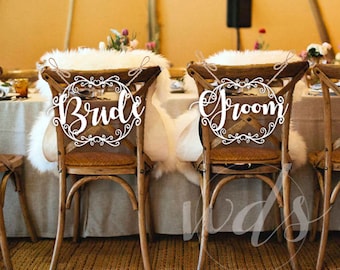 Bride & Groom Chair Signs, 12in. Vintage script wedding reception decor Mr and Mrs - white - Wedding Day Studio - Cheap Shipping!