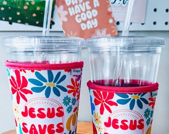 Funda para vaso con el mensaje "Jesús salva" / Soporte térmico para bebidas frías / Funda para taza de café cristiana