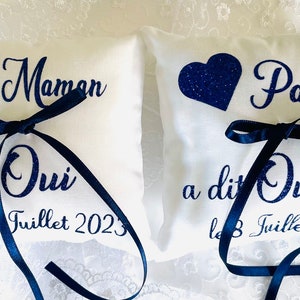 Porte alliances de mariage Papa Maman a dit oui bleu pailleté coussin d'alliances personnalisés avec date image 4