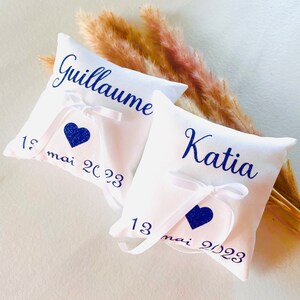 Wedding ring cushions names of the bride and groom and date customizable white and blue sequined royal blue romantic heart