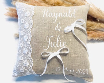 Wedding ring cushion in natural linen and lace First names of the bride and groom and wedding date boho romantic country nature theme